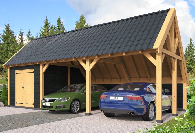 dubbele houten carport met berging en schuin dak