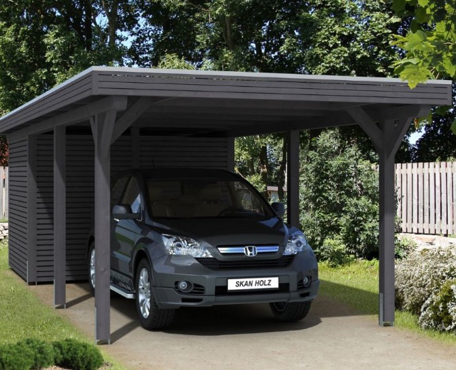 zwarte houten carport met berging