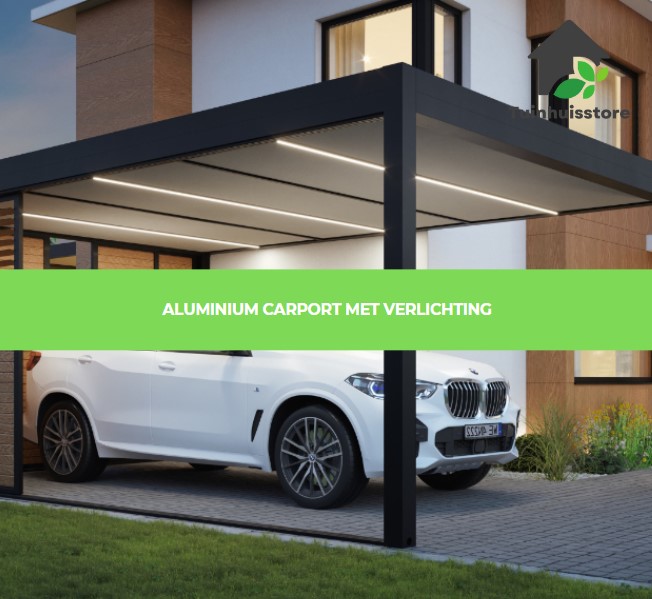 Een aluminium carport met ingebouwde verlichting voor een moderne en functionele uitstraling.