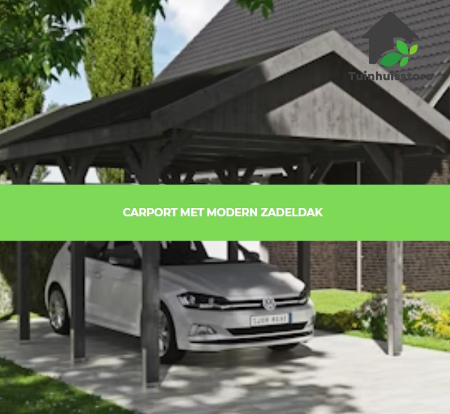 Een carport met een modern vormgegeven zadeldak, waardoor regenwater goed wordt afgevoerd.