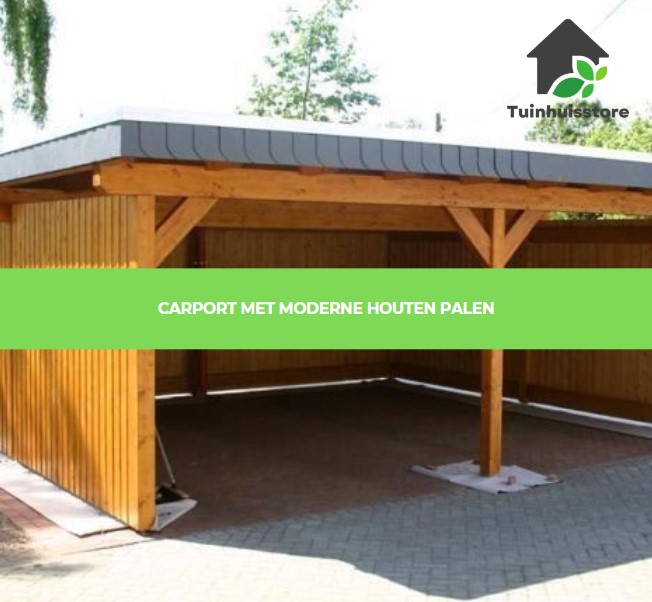 Een carport met houten palen in een modern ontwerp, vaak in combinatie met aluminium of staal.