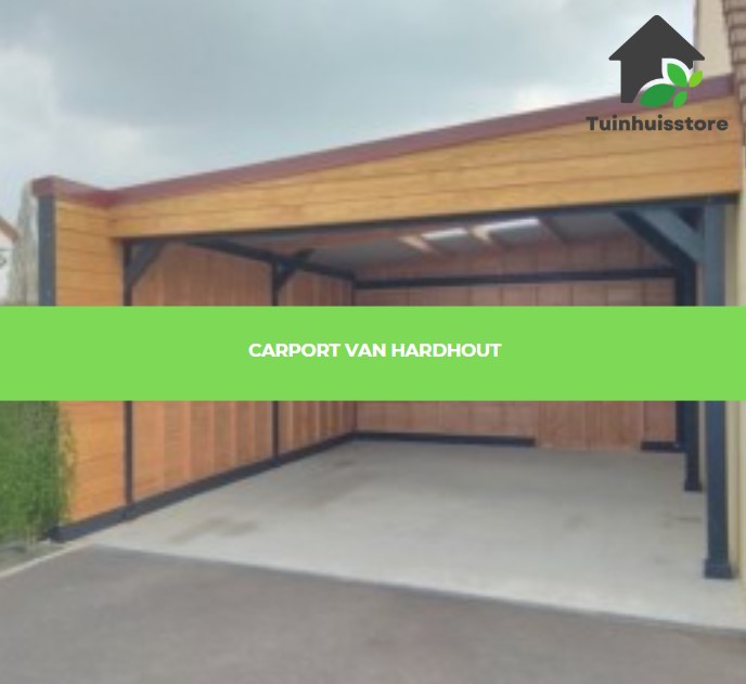 Een carport gemaakt van hardhout, waaronder houtsoorten zoals Bankirai, Merbau, en Iroko, die bekend staan om hun duurzaamheid.