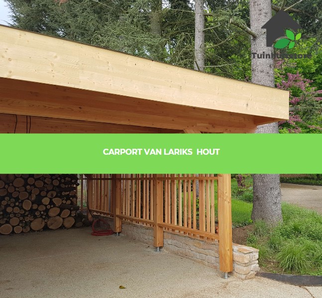 Een carport gemaakt van lariks hout, een sterke houtsoort die duurzaam is en een aantrekkelijke kleur heeft.