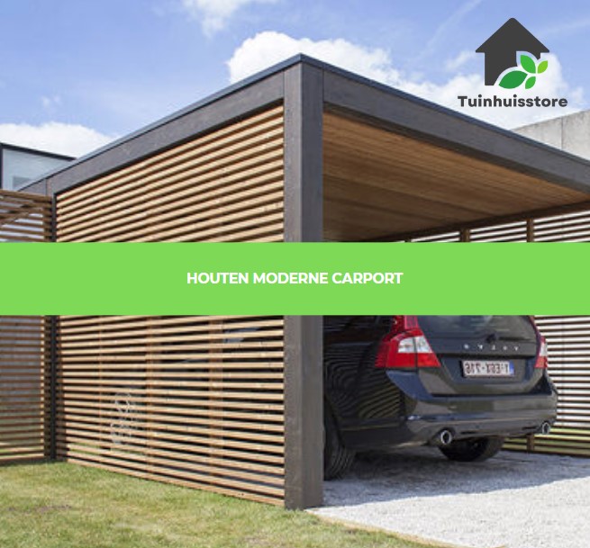 Een carport met een moderne uitstraling, maar gemaakt van hout, vaak met rechte lijnen en minimalistisch design.