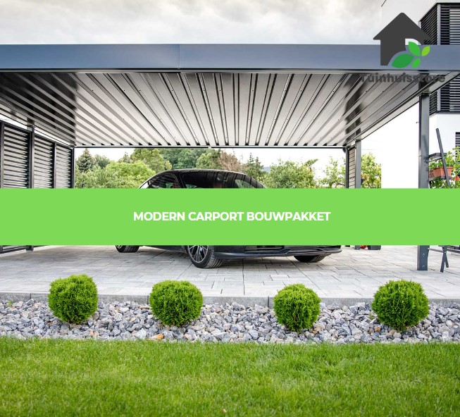 Een bouwpakket voor het zelf bouwen van een moderne carport, inclusief materialen en instructies.