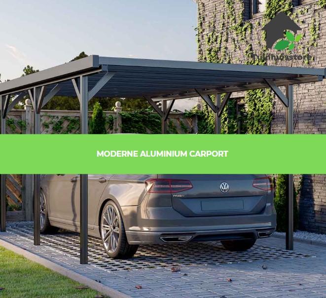 Een moderne carport gemaakt van aluminium, bekend om zijn duurzaamheid, lichtgewicht en onderhoudsarme eigenschappen.