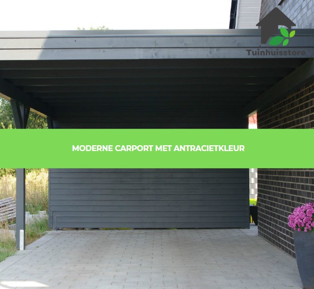 Een carport met een moderne antracietkleurige afwerking voor een strakke look.