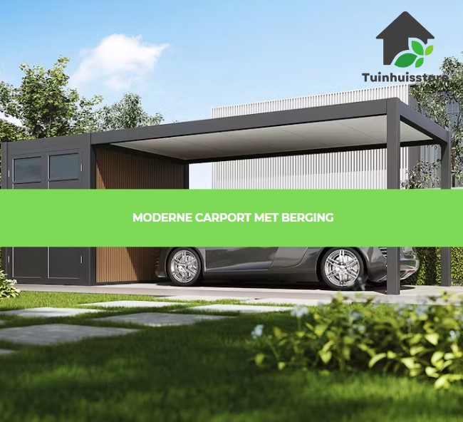 Een carport met een geïntegreerde berging in een modern design, ideaal voor extra opslagruimte.