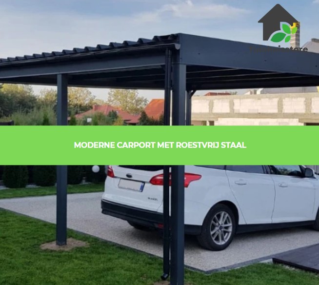 Een carport gemaakt van roestvrij staal voor een moderne en duurzame uitstraling.