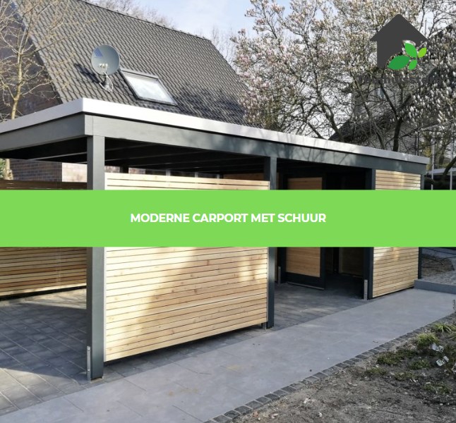 Een carport met een schuur geïntegreerd in een modern ontwerp, ideaal voor extra opslag.