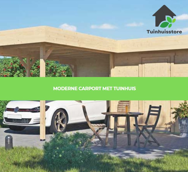 Een carport met een modern tuinhuis geïntegreerd, wat zorgt voor een multifunctionele buitenruimte.