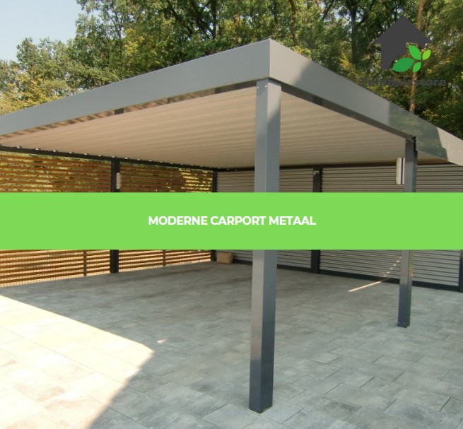 Een carport van metaal met een modern en industrieel ontwerp, vaak gemaakt van staal of aluminium.