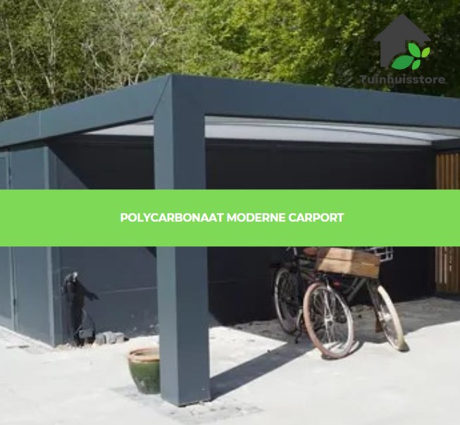 Een moderne carport met een dak van polycarbonaat, een duurzaam, lichtdoorlatend en weerbestendig materiaal dat bescherming biedt tegen UV-straling en regen.