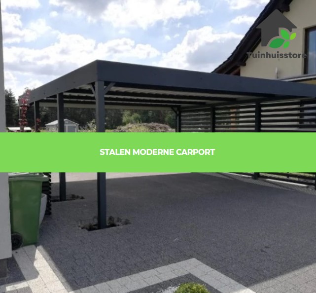 Een carport gemaakt van staal met een modern en industrieel ontwerp.