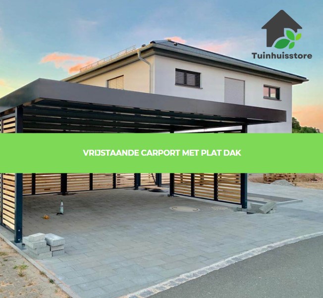 Een vrijstaande carport met een plat dak, wat zorgt voor een strakke en moderne uitstraling.