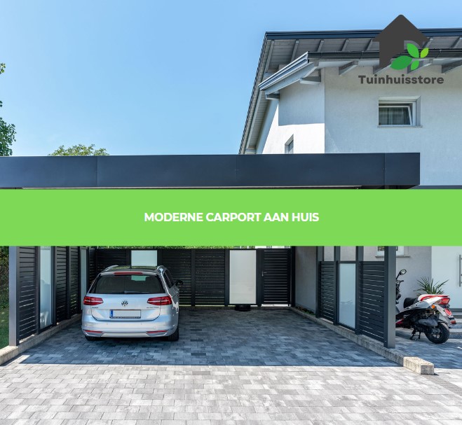 Een moderne carport die direct aan de woning is bevestigd, waardoor een naadloze overgang tussen huis en carport ontstaat.