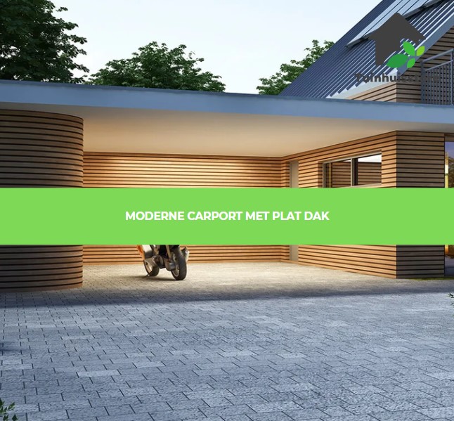 Een carport met een plat dak dat een strakke, eigentijdse uitstraling heeft en geschikt is voor moderne woningen.