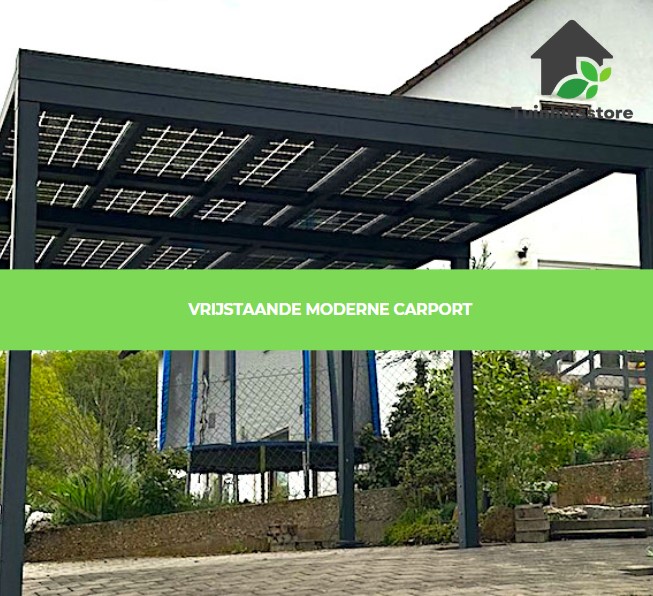 Een vrijstaande carport met een modern ontwerp, los van de woning en flexibel in plaatsing.