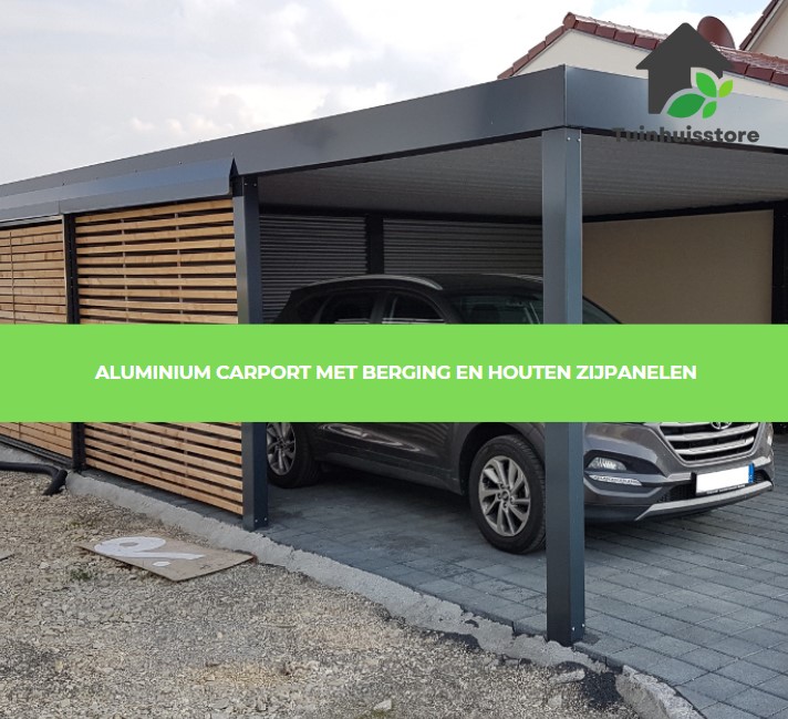 Aluminium carport met berging en houten zijpanelen