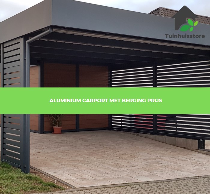 De prijs van een carport met berging van aluminium, licht van gewicht en roestbestendig.