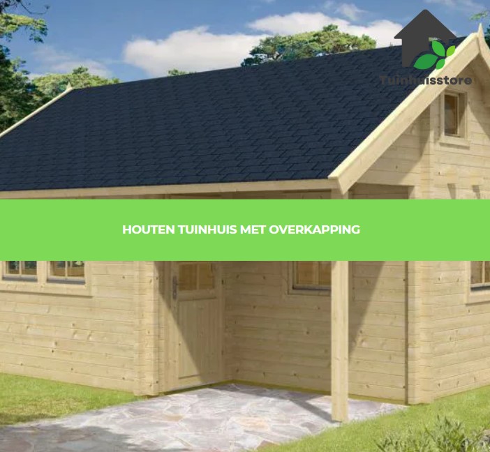 Een tuinhuis dat volledig gemaakt is van hout, met een bijpassende overkapping voor een natuurlijke uitstraling.