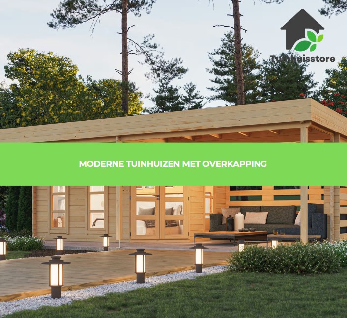 Tuinhuizen met een eigentijds ontwerp, strakke lijnen, en vaak gemaakt van moderne materialen met een overkapping.