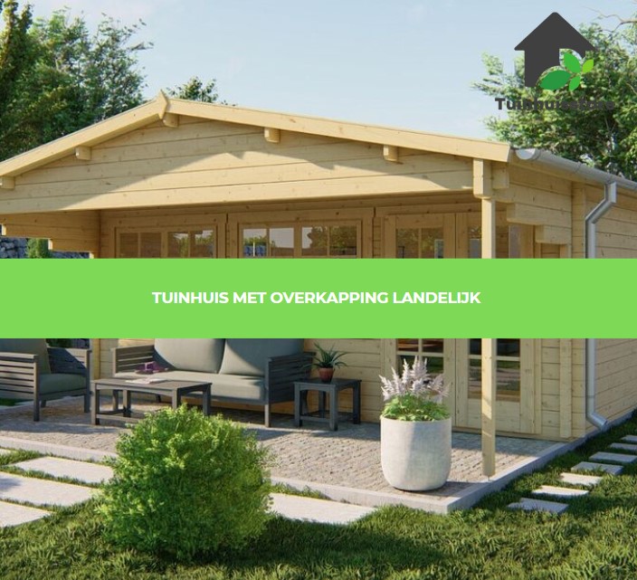 Een tuinhuis met een rustieke uitstraling en een overkapping die perfect past bij een landelijke tuinsetting.