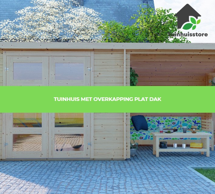 Een tuinhuis met een platte dakconstructie en een aangrenzende overkapping, ideaal voor moderne tuinen.